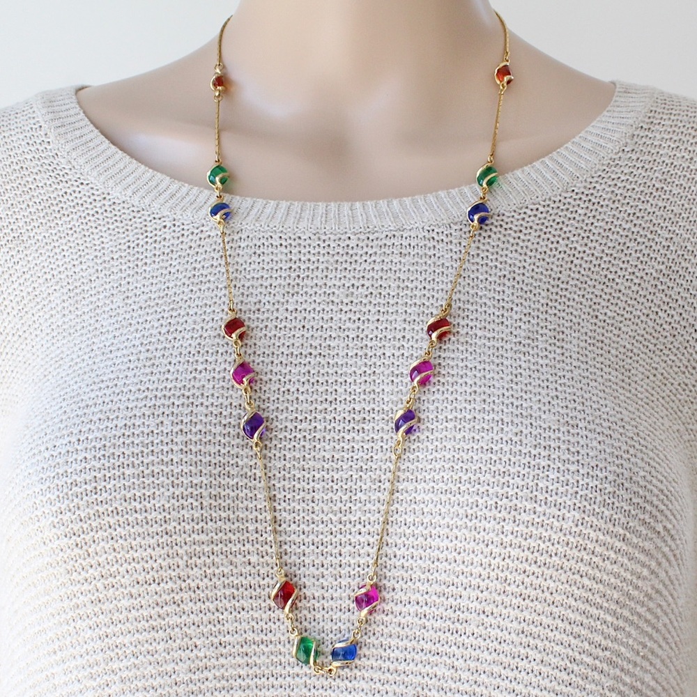 Vintage Multicolor Caged Lucite Station Necklace Gold Plated Chain 30” Long